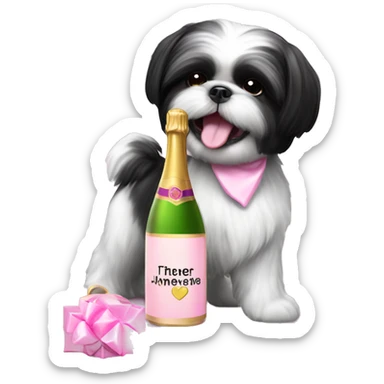 A cute black and white shih tzu playing with a pink bottle of champagne  sticker