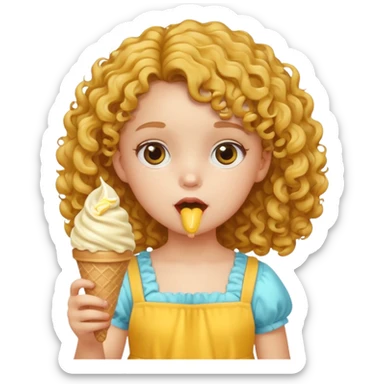 a little girl kid with curly hair, yellow dress, eat ice cream sticker