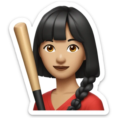 Asian Woman with full bangs, smiling, red water on face, long black hair, hoop earrings, red dress, holding a baseball bat sticker