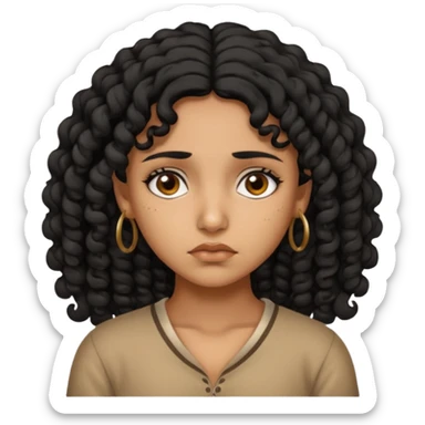 a tan pretty bratz indian girl with curly black hair, looking sad sticker