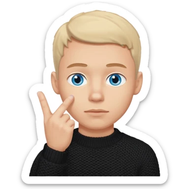 man in black knitted sweater in thinking pose, blue eyes, index finger touching his chin, eyes looking up to the top right sticker