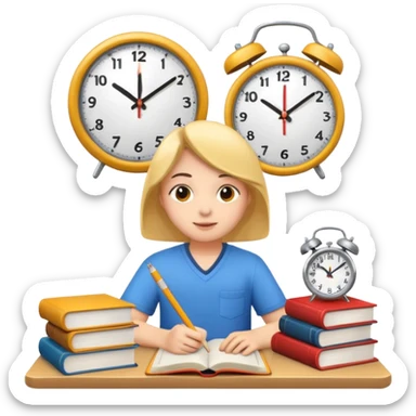 emoji student studying hard with books and clock, motivated, white background sticker