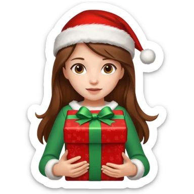 a girl with long brown hair wearing a christmas clothes and holding a gift sticker