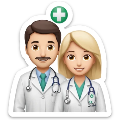 A cute cartoon-style emoji of a Saudi male and female doctors wearing white lab coats with the Alfarabi Medical Laboratories logo. Friendly smiles, soft colors, and simple features, suitable for medical branding and social media. sticker