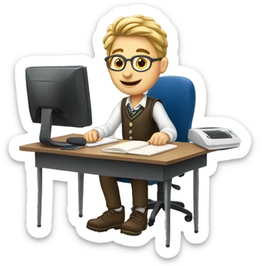 European schoolboy sitting at desk,  computer on desk sticker