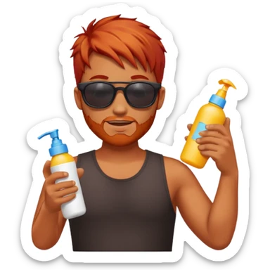 male red haired with suncream bottle and sunglasses, with sun burned sticker