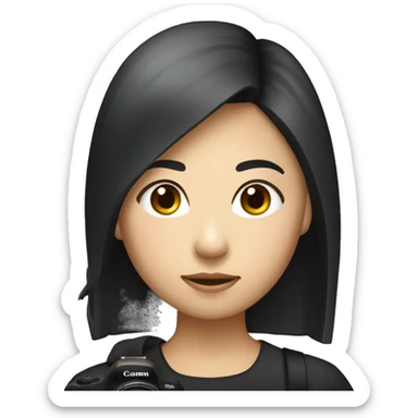 "A woman of Asian descent, with bangs and her hair tied back, dressed in black girl taking photo with canon camera sticker