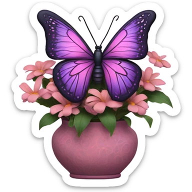 Aesthetic butterfly with purple and pink wings sitting on a dark purple bouquet of Brats in a pastel pink vase  sticker