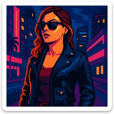 GTA5 inspired female character, leather jacket, sunglasses, city at night, neon lights, vibrant toon style sticker