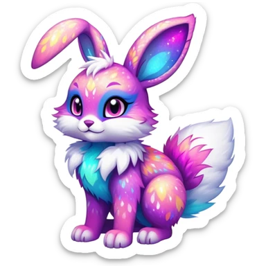 Vibrant multicolored neon-colored Falvie-Fionbri-creature-sparkle-bunny-hybrid-fursona, full body, fur pattern-markings sticker