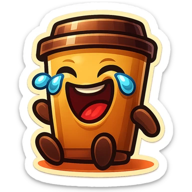 Tall coffee cup, laughing hard, tears in eyes, sitting on ground, tilted back, dramatic laugh sticker