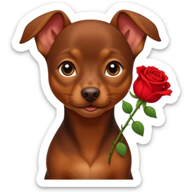 a little brown pinsher, who give a red flower sticker