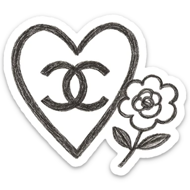 Chanel heart, playful, black and white, with a camellia flower, children doodle style sticker