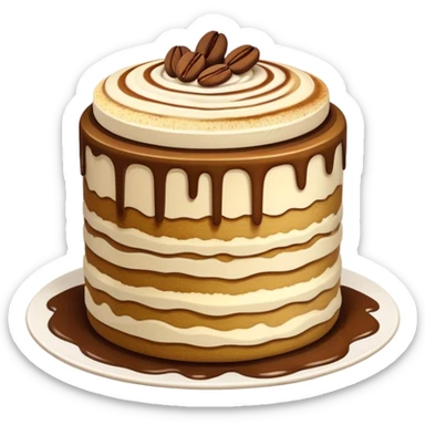 Tiramisu Cinematic Realistic Tiramisu Dessert Emoji, depicted as a delightfully messy, layered tiramisu with coffee-soaked sponge and mascarpone cream, rendered with rich textures and warm, indulgent lighting. sticker