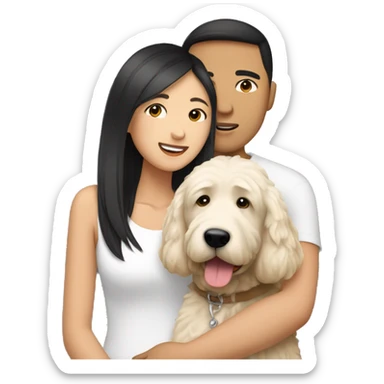asian couple with straight hair hugging with a big white goldendoodle sticker