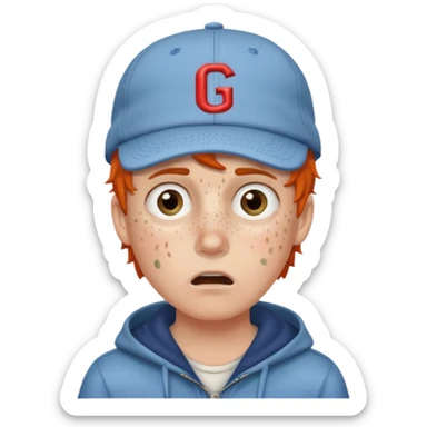 Um garoto branco, com a feição de assustado, usando um boné da Guccy sticker