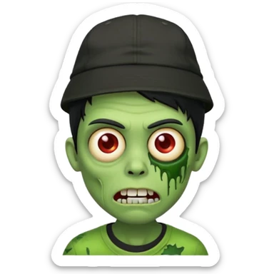 Green zombie, black hair, designer cap turned to the left, black shirt. Apple iOS style. sticker