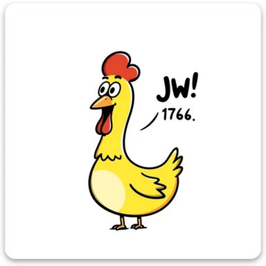 cartoon style shouting yellow long neck chicken with a funny expression, 'JW 1776' in a speech bubble sticker