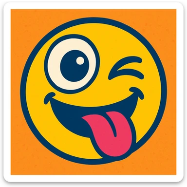 winking emoji with tongue sticking out and one eye exaggeratedly large, vibrant toon style sticker
