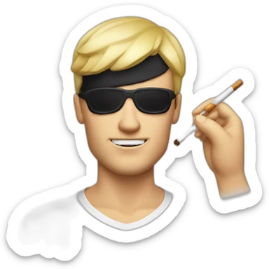 blonde white man with eyepatch and smoking cigarette on top of tbone steak sticker
