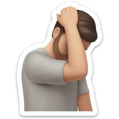 A man who is depressed with his left arm draped over his head so the inside of his left elbow is on his head and his left hand is touching his right shoulder sticker