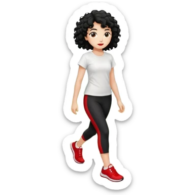 generate a pretty bratz fair skinned girl with curly black hair wearing a white tshirt trekking on a hill road with red sneakers on and black leggings.  Put a hill behind her sticker