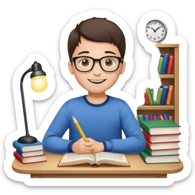 un niño de entre 3 - 10 años estudiando ingles, un destello de luz o colores más vivos para el niño que estudia en su habitacion feliz  sticker