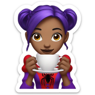 a spider girl with purple skin with pigtails and a red dress and holding teacups in all of her four arms sticker