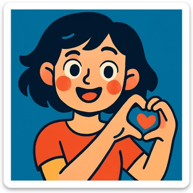 chica de cabello negro, corto y ondulado, haciendo un corazón con la mano, ilustración colorida y amigable sticker
