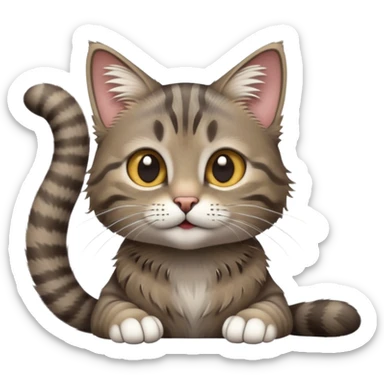 cinematic-[grey brown tabby cat]-realistic-emoji,-tail-curled-playfully-around-its-paws,-head-tilted-dramatically,-scruffy-[grey]-fur,-simplified-yet-realistic-focused-features,-highly-detailed,-glowing-with-an-almost-sarcastic-glow sticker