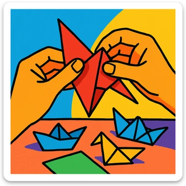 a pair of hands folding origami, vibrant toon style sticker