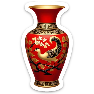 Chinese metal painting icon, intricate hand-painted Chinese patterns on metal vase, painting with a brush process, vibrant colors like red, gold, and black, delicate brushstrokes, visible fine paintbrush and metal surface, minimalistic style, clean lines, transparent background. sticker