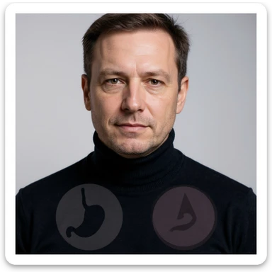 Vertical portrait of a man's face in a realistic style with a determined gaze. Include symbols of a light stomach or stylized intestine next to the face. The atmosphere should convey lightness and well-being during fasting. sticker