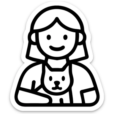 minimal flat color icon style of a white-skinned girl with brown hair holding a black and white cat, simple lines, modern vector illustration sticker