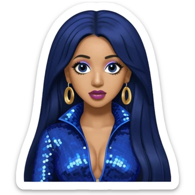 Cardi B with long jet black hair, indigo sequin outfit sticker