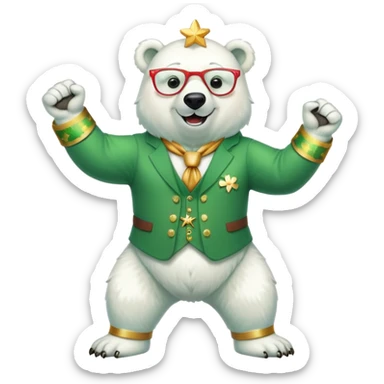full body friendly anthropomorphised polar bear smiling, wearing large multicolored star-shaped glasses and festive St. Patrick's Day outfit, raising a fist in celebration sticker