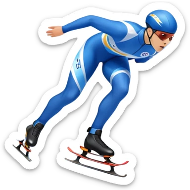An icon showing a speed skater gliding on a professional oval ice track, captured in mid-motion with aerodynamic posture and sleek skates. The background features snowy mountains, flags, and a clear blue sky. Transparent background reflects the speed and elegance of the sport. sticker