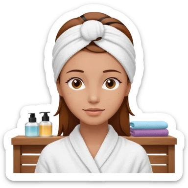 rosto de uma mulher com uma faixa de toalha no cabelo de cor todo castanho como se estivesse no spa, sem o pescoço, somente o rosto sticker