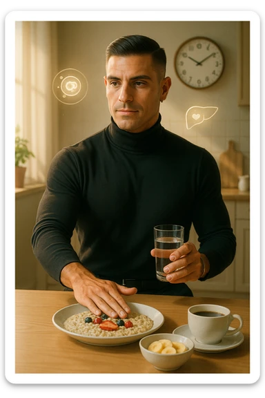 A realistic, cinematic illustration of a man in his early 30s with a fit, healthy appearance, standing in a bright kitchen in the morning. The kitchen table has a prepared but untouched healthy breakfast (oatmeal, fruit, coffee) on it, while the man, with a calm and focused expression, gently pushes the plate away with one hand while holding a glass of water in the other. A wall clock in the background shows 8:00 AM, indicating the morning fasting window, while sunlight streams in, illuminating the scene. Subtle glowing icons of a regenerating cell, a clean liver, and a heart float softly around him, symbolizing the health benefits of intermittent fasting. The atmosphere is clean, minimal, and motivating, showing that the man chooses intermittent fasting consciously for health, clarity, and energy rather than weight loss alone. The color palette is warm, with natural light and a slight film grain for depth sticker