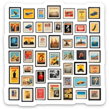 Icon for Photograph and Poster Collecting: a collection of photographs and movie posters, neatly displayed on a wall or in frames. The icon should evoke the nostalgia and artistic value of collecting rare images and posters. Transparent background. sticker