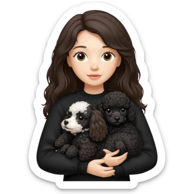 One Brunette girl with long hair in a black sweater holds a single black Poodle puppy in her arms sticker
