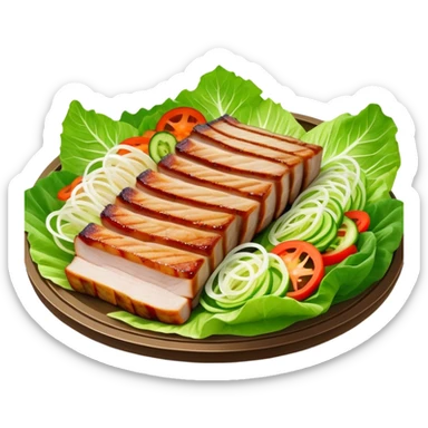 Samgyeopsal Cinematic Realistic Samgyeopsal Dish Emoji, depicted as slices of grilled pork belly served in crisp lettuce leaves with assorted fresh vegetables, rendered with dynamic textures and appetizing, natural lighting. sticker