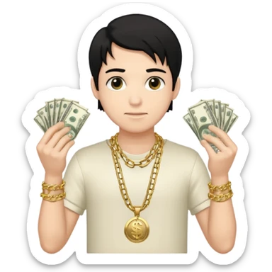 Has un chico con mucha plata en sus manos y en su alrededor, Con una chain que diga "JovenBallin" y que tenga pelo negro y sea piel blanca sticker