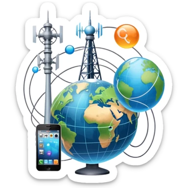 An icon featuring a communication tower with signal waves, satellites in orbit, and fiber optic cables. The design includes a smartphone, message bubbles, and a globe with connection lines, symbolizing global communication networks. Transparent background  sticker