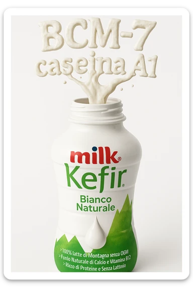 fai questa bottiglia di kefir stappata, dalla bottiglia escono le scritte "BCM-7" e "caseina A1", realistica 4k sfondo bianco sticker