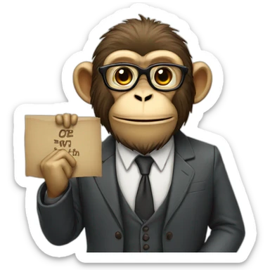 monkey professor with beard and mustache and suit holding a sign with like sticker