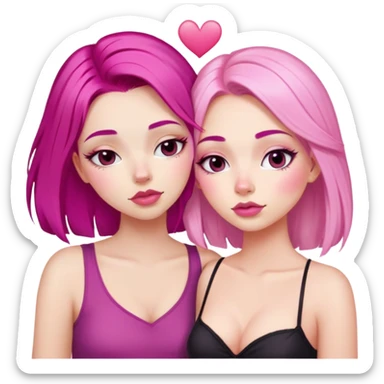 gorgeous pale girl with magenta pink hair latina makeup next to a gorgeous blonde girl with a light pink heart above them in between eyes closed making duck lips faces sticker