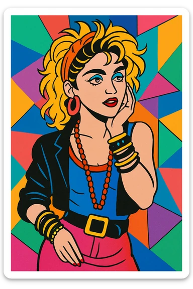 Madonna in her 'Borderline' music video look, 1980s pop style, colorful, energetic, iconic hair and fashion, vibrant background sticker