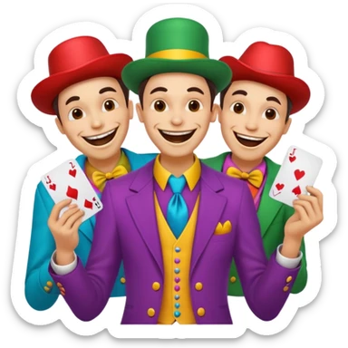 3 poker cards, with crazy colorful human jolly jokers inside, face and torso only sticker