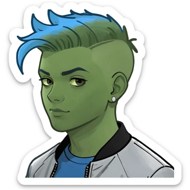 Young adult male wearing a blue flashy pants blue t shirt silver bomber jacket blue undercut haircut sticker